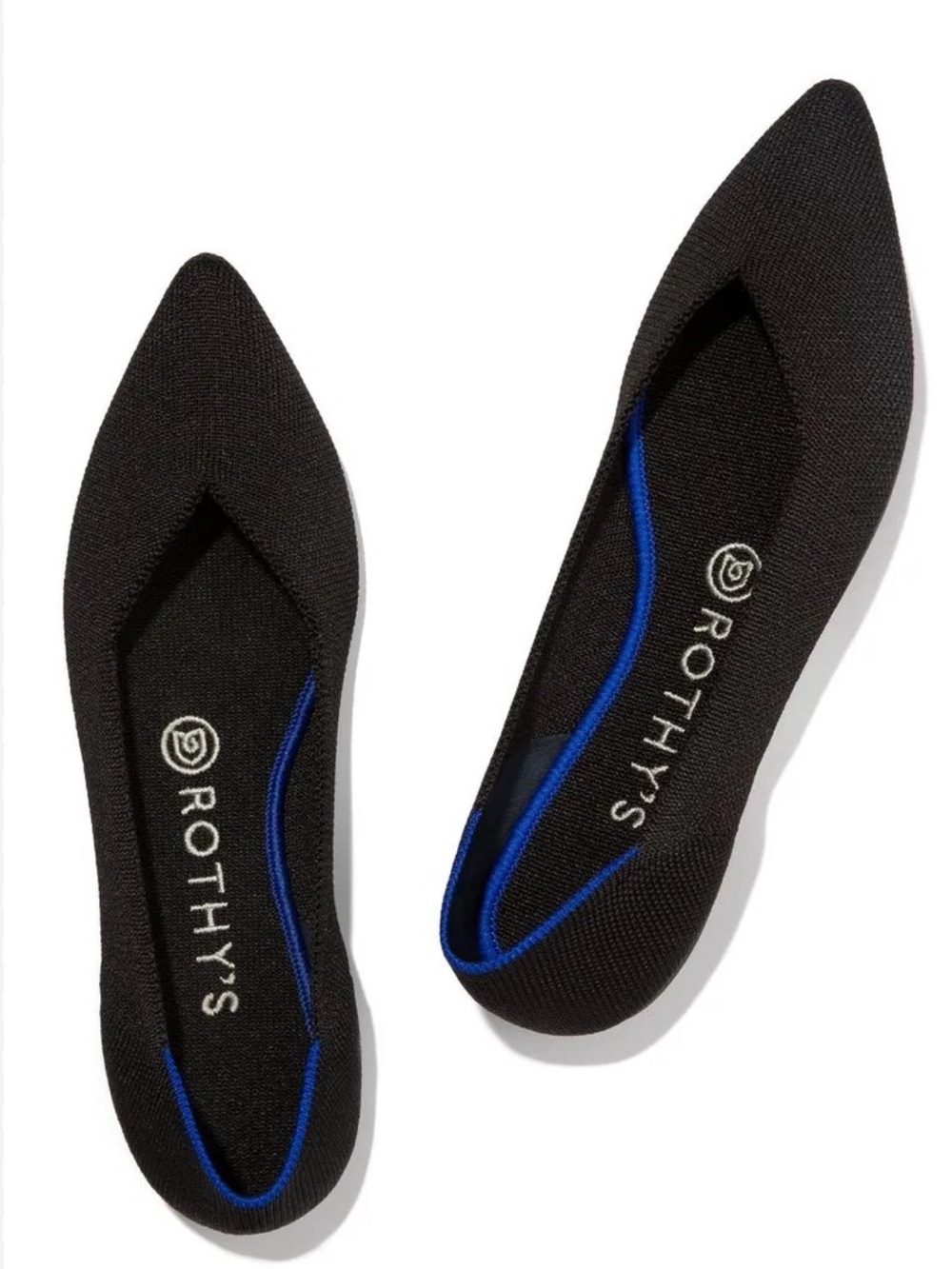 Rothy's Black Pointed Toe Flats with Blue Trim